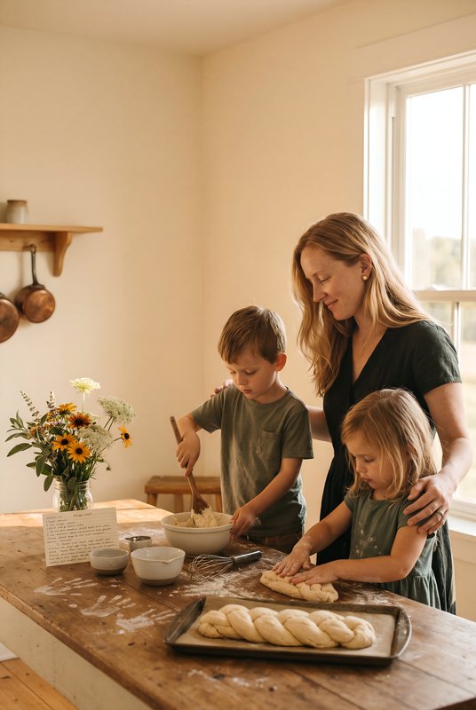Baking bread with children in a bright kitchen Premium Stock Image - stock photo