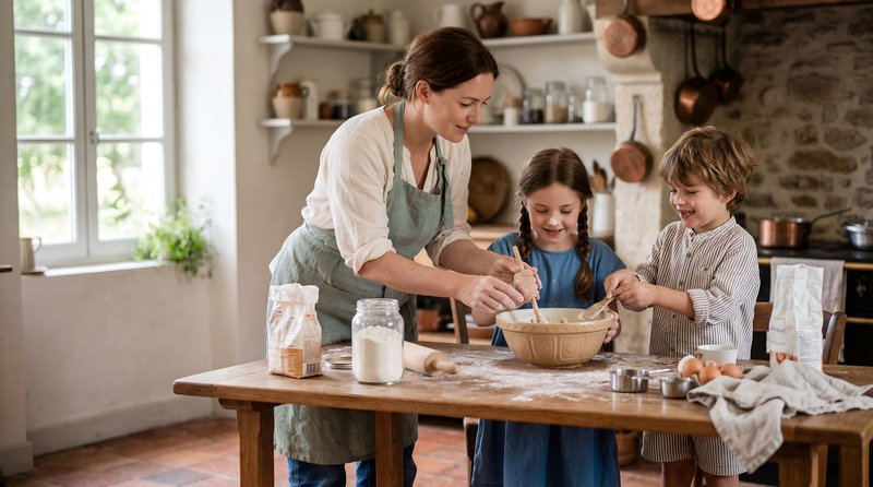 Family cooking together in kitchen with kids baking cookies Premium Stock Image - stock photo