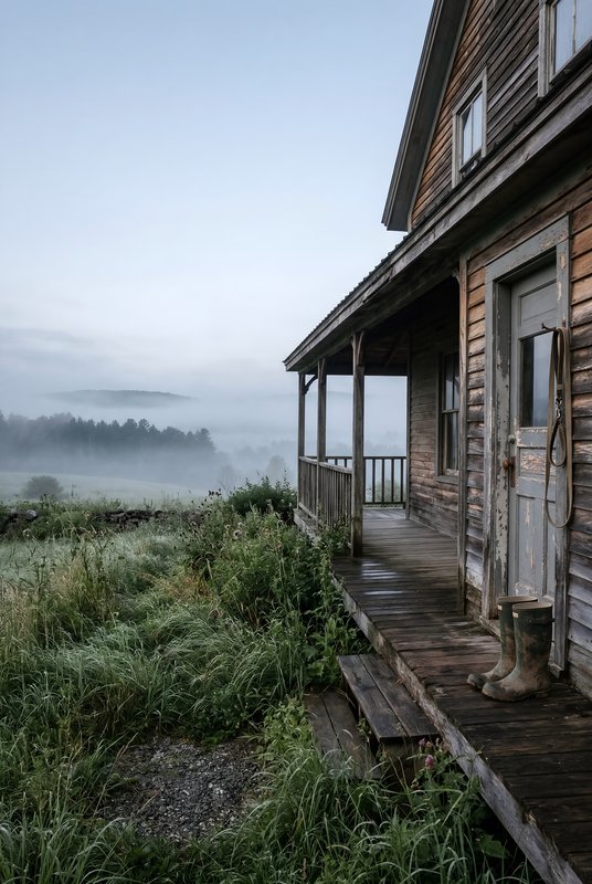 Morning view of an old house in foggy countryside Premium Stock Photo - stock photo