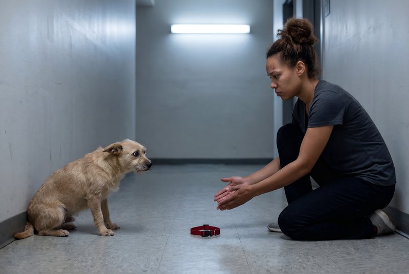 Woman interacts with dog in a hallway during training session Premium Stock Image - stock photo