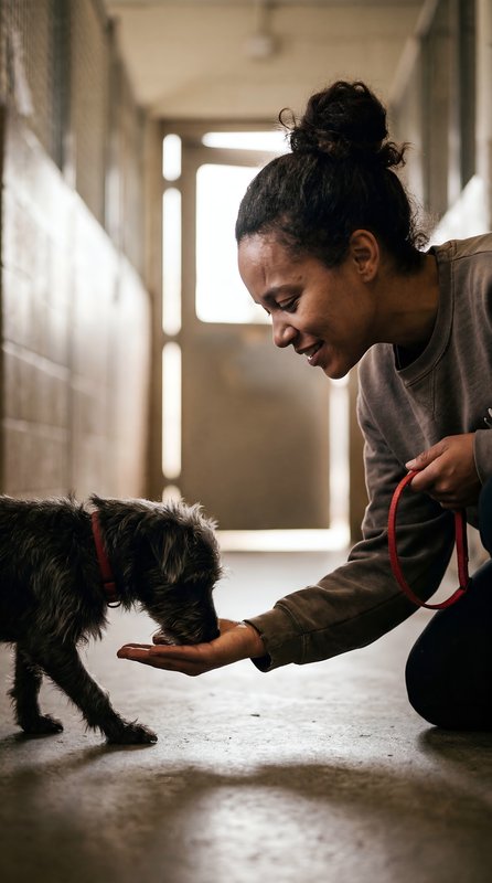 Woman interacts with dog in animal shelter hallway Premium Stock Image - stock photo