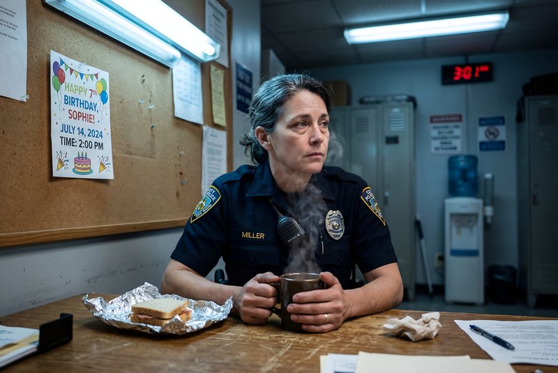 Woman sits in police station with coffee and food Premium Stock Image - stock photo
