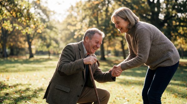Seniors enjoying time together in a park in autumn - stock photo