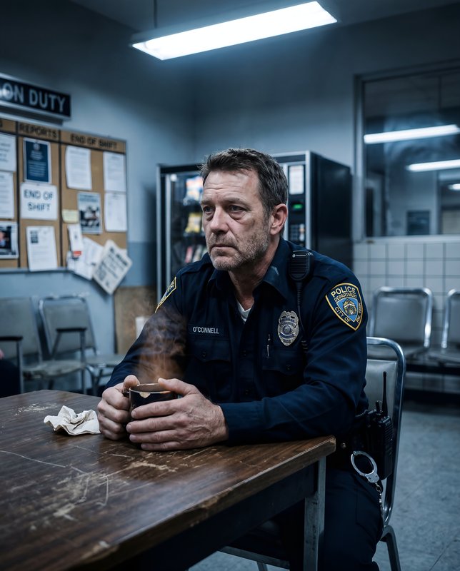 Police officer sits at table in break room during shift Premium Stock Photo - stock photo