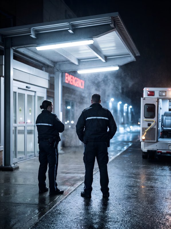 Night watch at the emergency entrance with ambulance outside Premium Stock Photo - stock photo