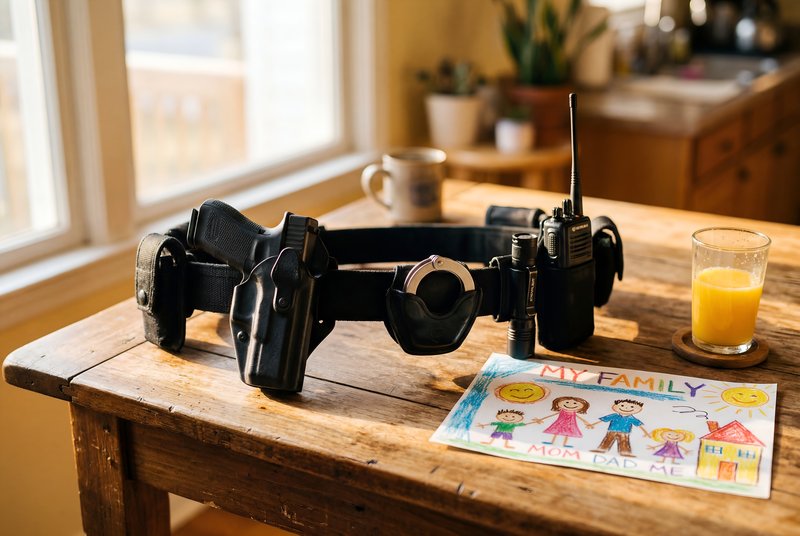 Child's drawing and police gear on a wooden table in a home Premium Stock Photo - stock photo