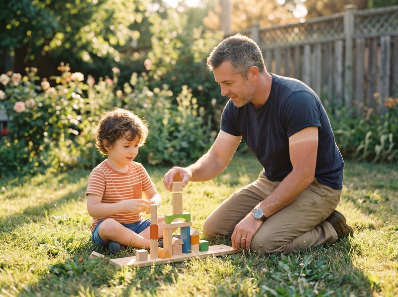 Father and child play with blocks in the backyard in summer Premium Stock Photo - stock photo