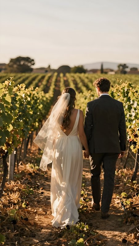 Couple walks hand in hand through vineyard at sunset Premium Stock Photo - stock photo