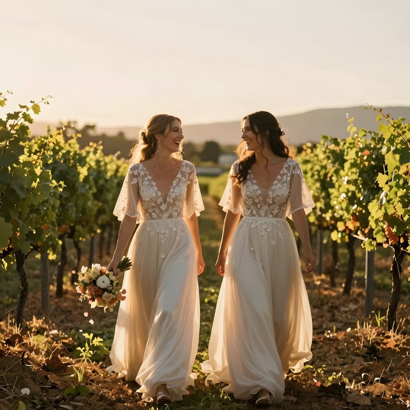 Two women walk in a vineyard during sunset with flowers Premium Stock Photo - stock photo
