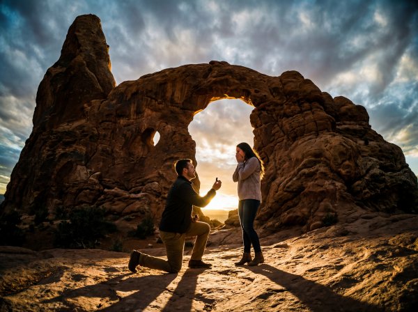Man proposes to woman under rock arch at sunset - stock photo