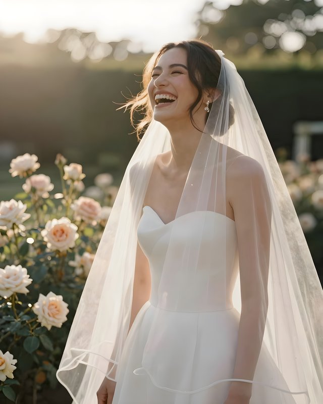 Bride smiles in garden during wedding day photo session Premium Stock Image - stock photo