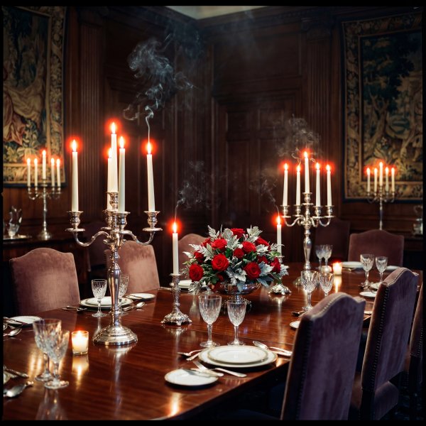 Elegant dining setup with candles and flowers in a formal room - stock photo