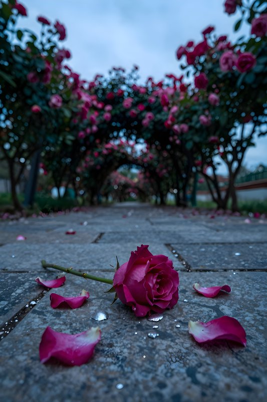 Roses on the ground in a garden pathway during dusk Premium Stock Photo - stock photo