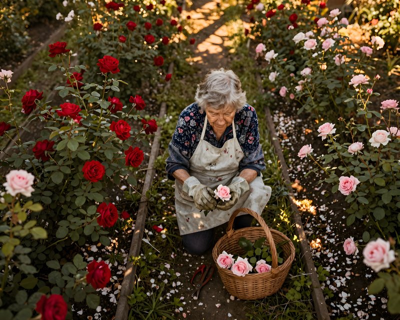 Elderly woman gathers roses in a flower garden during the day Premium Stock Photo - stock photo