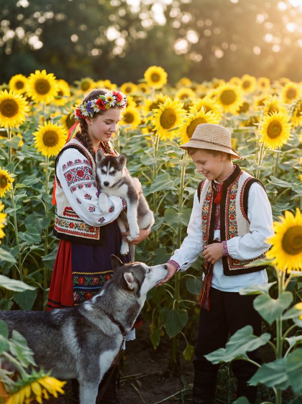 Children play with dogs in a sunflower field during sunset - stock photo