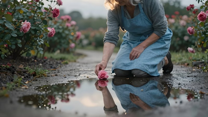 Woman picks rose from puddle in flower garden at sunset Premium Stock Image - stock photo