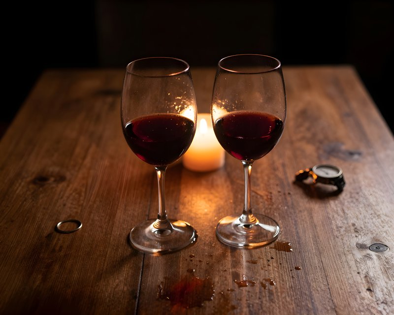 Two glasses of red wine on a wooden table near a candle Premium Stock Photo - stock photo