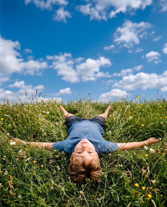 Boy lying in grass under blue sky near white clouds Premium Stock Photo - stock photo