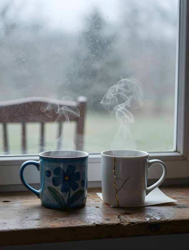Two cups of hot coffee sit by the window on a cold day Premium Stock Photo - stock photo
