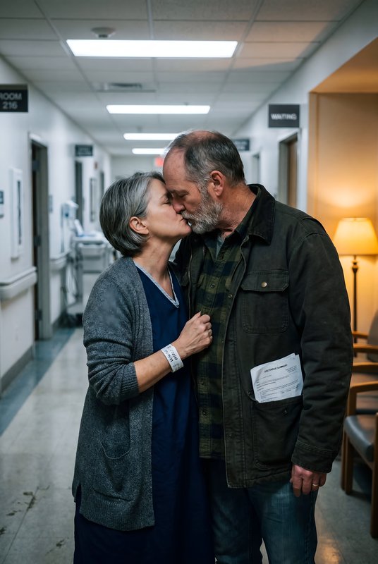 Couple shares a kiss in hospital hallway during visit Premium Stock Image - stock photo
