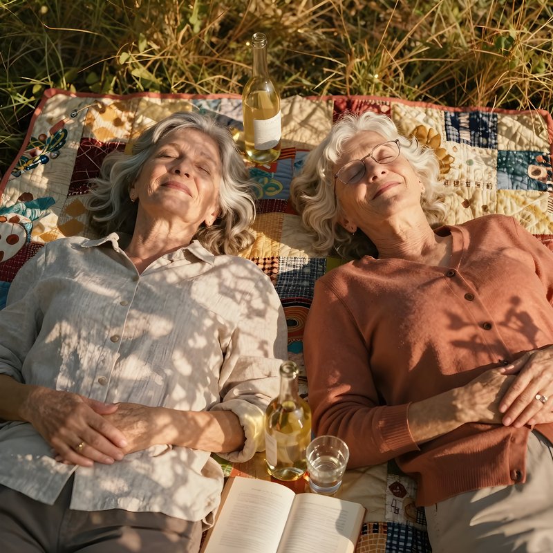Friends relax on blanket in field during sunny day Premium Stock Image - stock photo