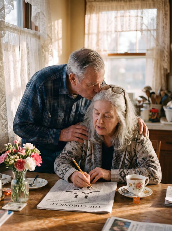 Couple works on crossword puzzle together in cozy kitchen Premium Stock Image - stock photo