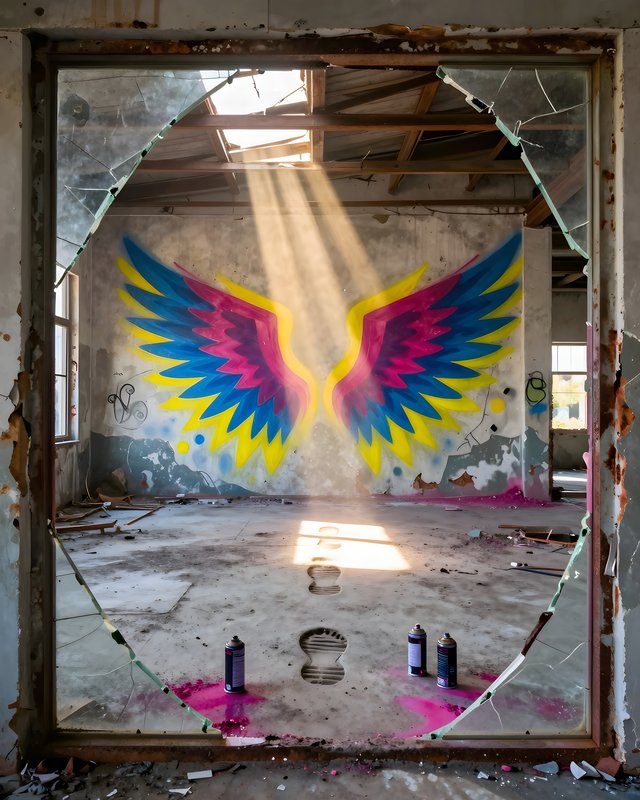 Colorful wings on the wall in an abandoned building Premium Stock Image - stock photo