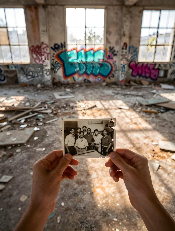 Old photo held in hands in a graffiti covered room Premium Stock Image - stock photo
