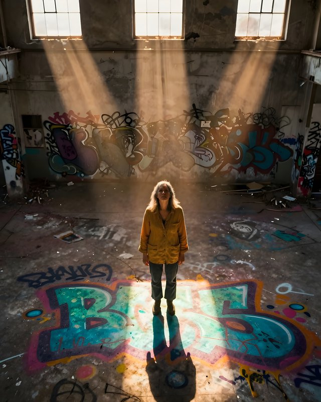 Standing in sunlight in an abandoned warehouse with graffiti Premium Stock Image - stock photo