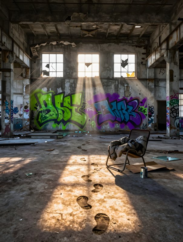 Footprints lead to a chair in an empty warehouse with graffiti Premium Stock Photo - stock photo