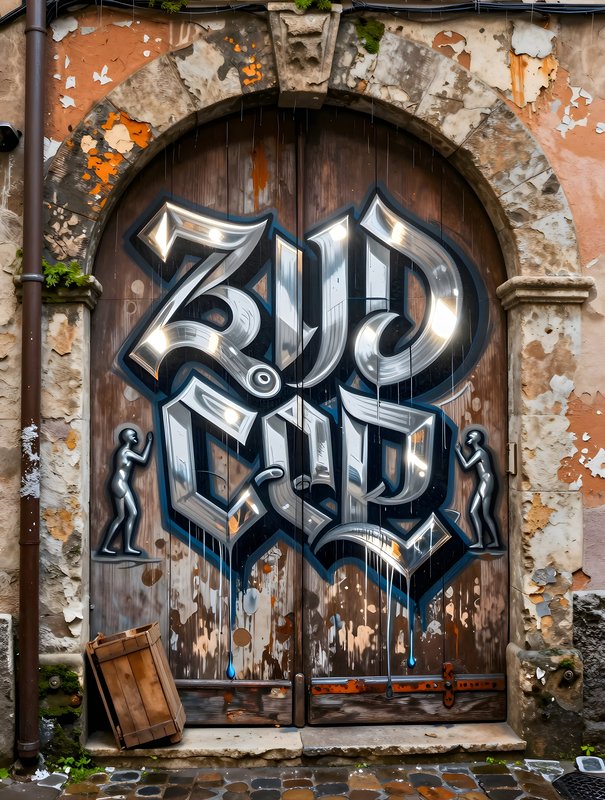 Street art displays bold lettering on an old door in a city Premium Stock Image - stock photo