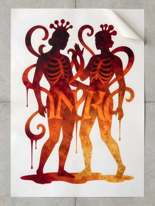 Artwork showing two skeletons with crowns on paper Premium Stock Image - stock photo