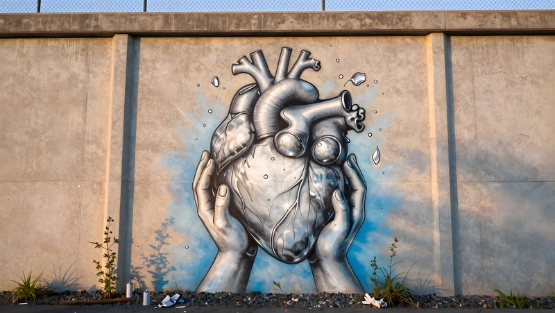 Hands hold a heart mural on a concrete wall Premium Stock Image - stock photo