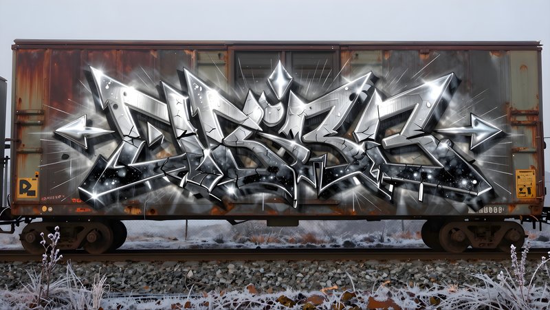 Creative graffiti on a train car in a cold landscape Premium Stock Image - stock photo