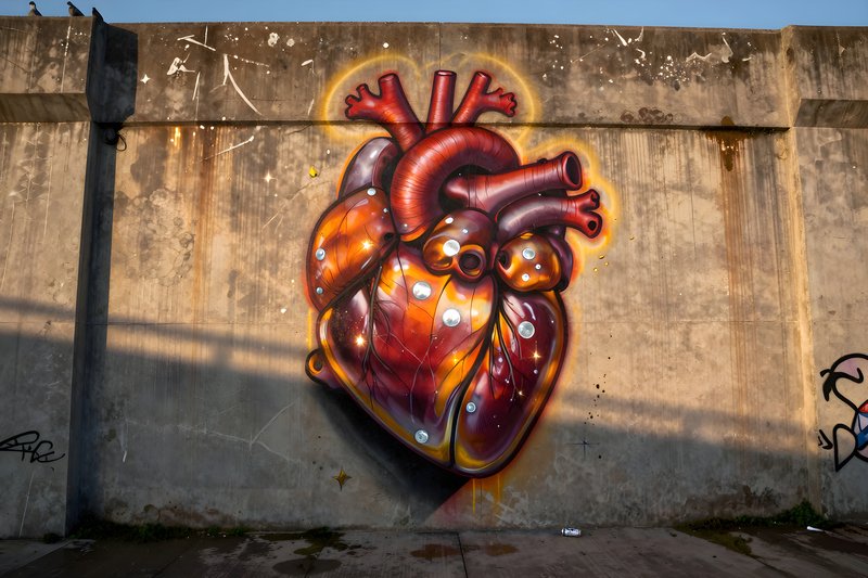 Mural of human heart on concrete wall in urban area Premium Stock Image - stock photo