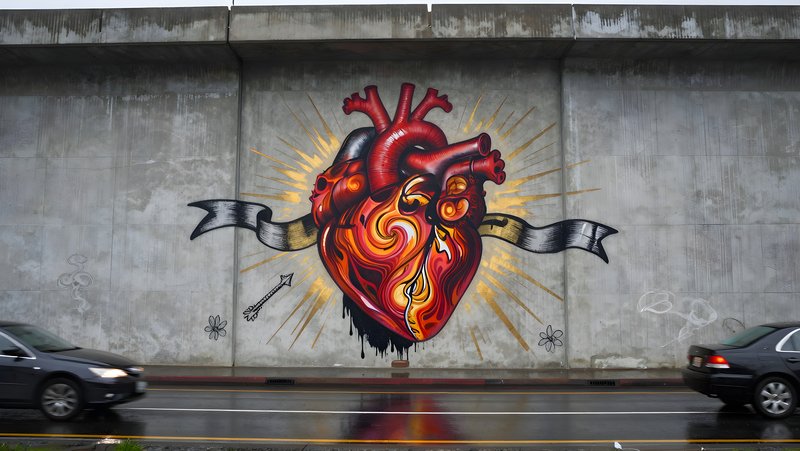 Mural of a heart on a city wall during a rainy day Premium Stock Photo - stock photo