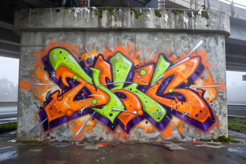 Colorful graffiti art under a highway bridge in a city Premium Stock Photo - stock photo
