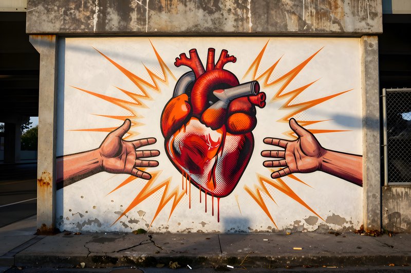 Mural shows heart with hands under bridge at sunset Premium Stock Photo - stock photo