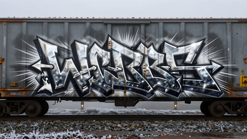 Graffiti on train car shows art in a foggy setting Premium Stock Image - stock photo