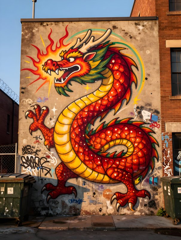 Colorful dragon mural on a city wall in the afternoon light Premium Stock Image - stock photo