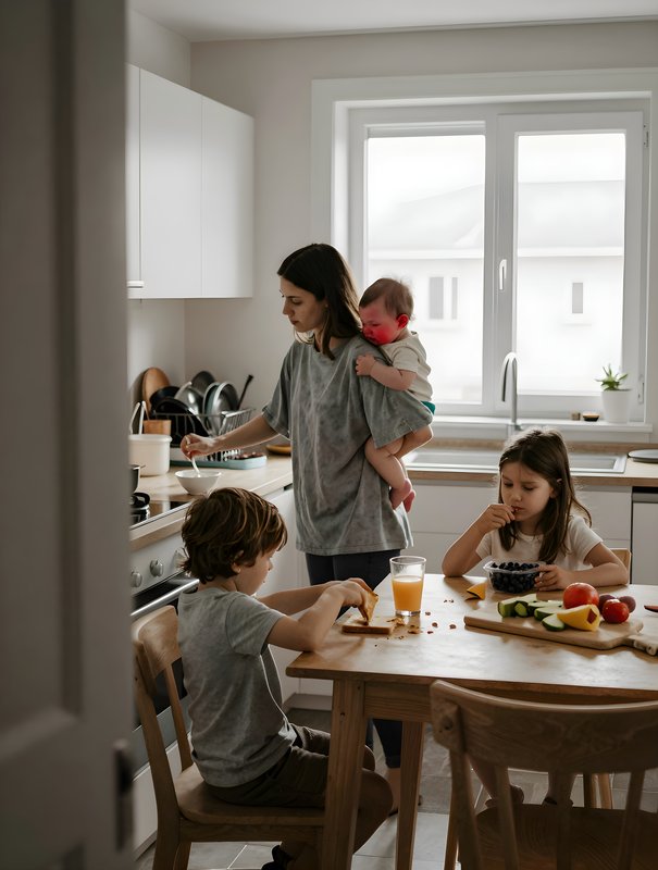 Family shares meal together in kitchen during morning Premium Stock Image - stock photo