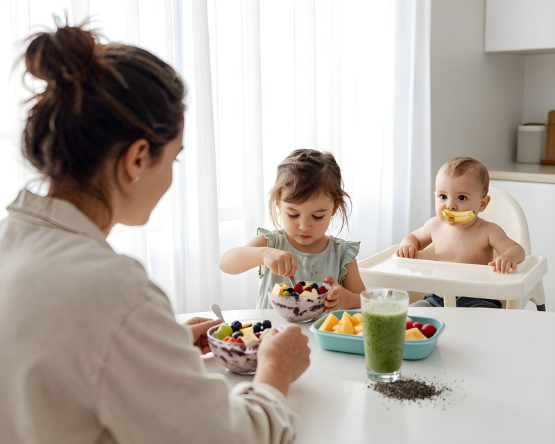 Family enjoys breakfast together with fruit and smoothies Premium Stock Photo - stock photo