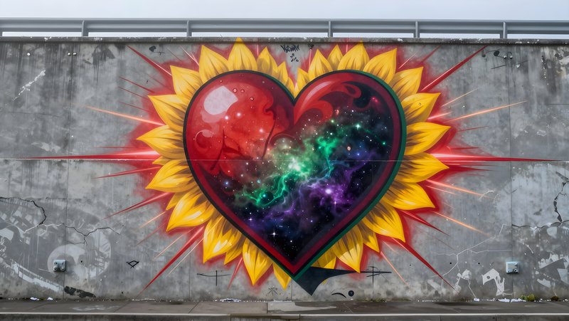 Colorful mural of a heart with sunflowers on a wall Premium Stock Image - stock photo