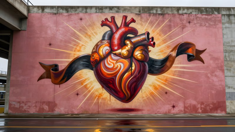 Street art mural of a heart under a highway overpass Premium Stock Photo - stock photo