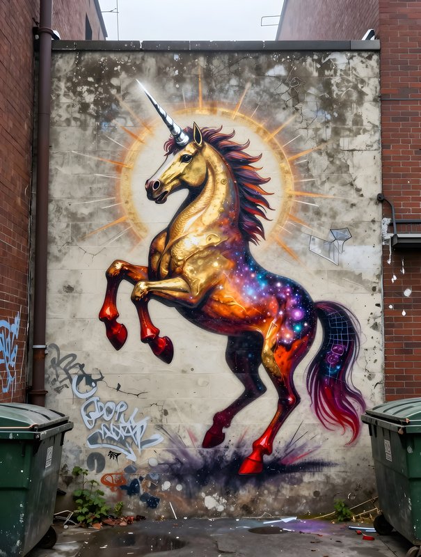 Unique unicorn mural on building wall in urban setting Premium Stock Photo - stock photo