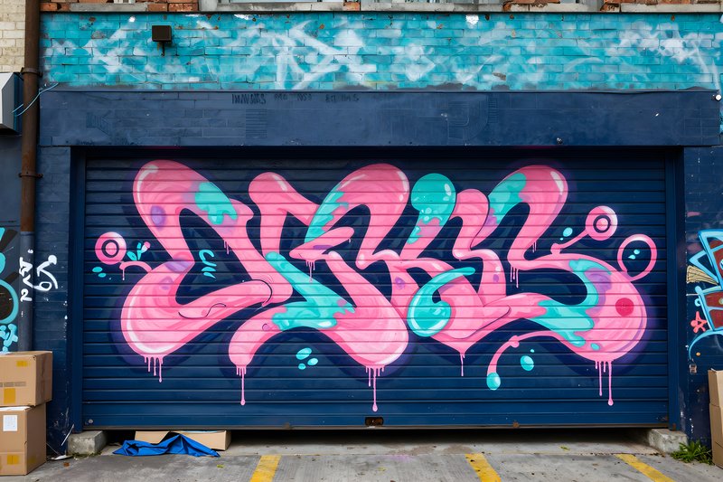 Colorful graffiti art on a garage door in an urban area Premium Stock Image - stock photo