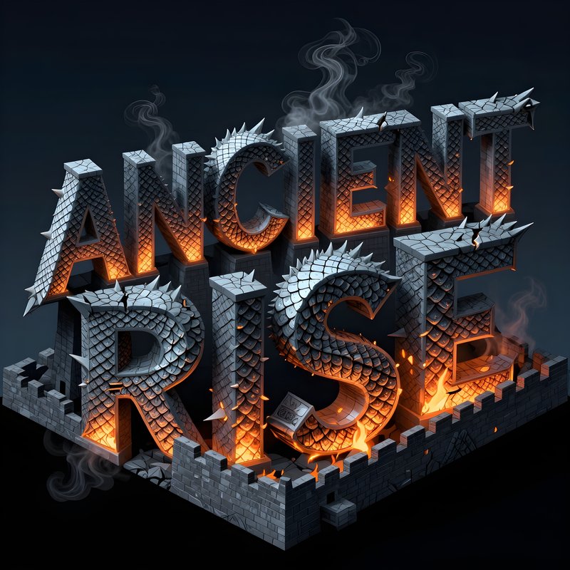 Fantasy scene of ancient rise with stone letters and dragons Premium Stock Photo - stock photo