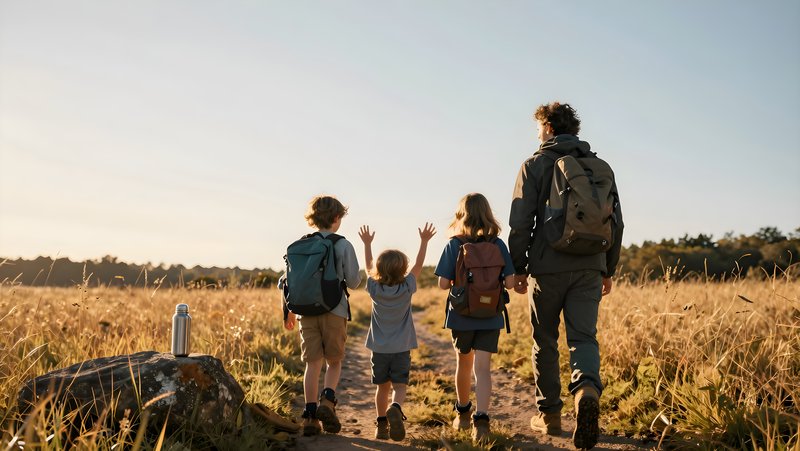 Family walks along a trail in a field during warm sunlight Premium Stock Image - stock photo