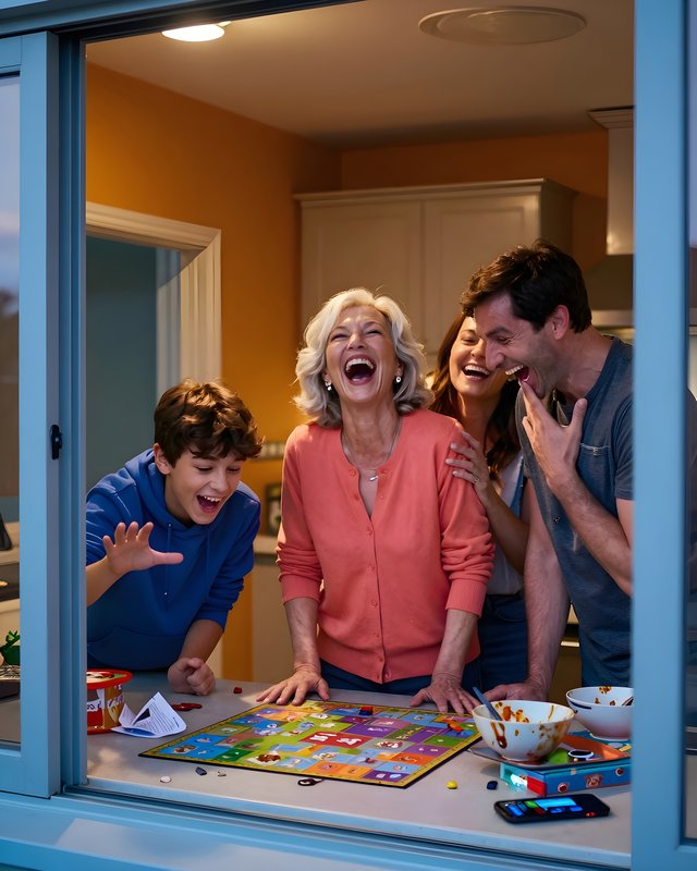 Family enjoys game night with laughter and fun in kitchen Premium Stock Image