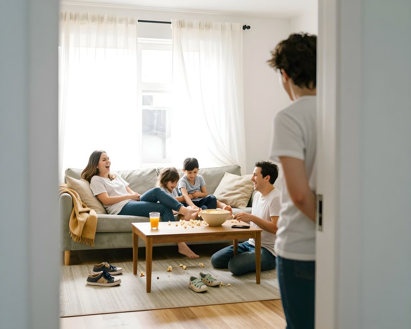 Family enjoys time together in living room on weekend Premium Stock Photo